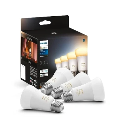Abbildung von Philips Hue White &amp; Color Ambiance E27 LED Leuchten 4 er Pack, dimmbare Lampen für das Lichtsystem mit 16 Mio. Farben, smarte Lichtsteuerung über Sprache und App