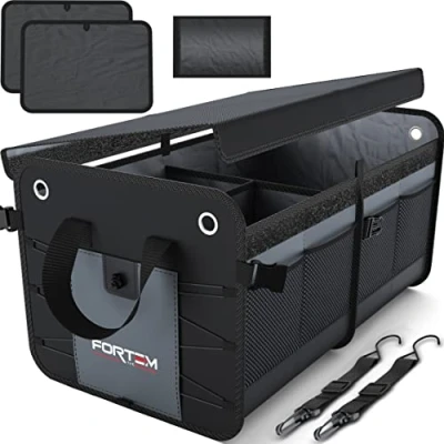 Abbildung von FORTEM Kofferraum Organizer, Kofferraumtasche, Zusammenklappbarer Auto Organizer mit Fächern, Rutschfester Boden, Verstellbare Sicherungsriemen, Klappbarer Deckel (Grau, Groß)