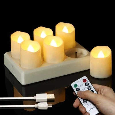 Abbildung von FREEPOWER 6er LED Teelichter Wiederaufladbar mit Ladestation, Elektrische Aufladbare Kerzen USB Fernbedienung Timer Flackern Dimmbar Warmweiß, Halloween Weihnachten Deko, Ø4 x 4.5cm