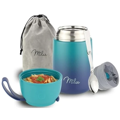 Abbildung von Milu® Thermobehälter für Essen 800ml, Edelstahl, Thermo Lunchbox, Suppenbehälter to go, Thermobox, Thermodose zum Warmhalten Suppen, Babybrei, Speisebehälter, breiwärmer unterwegs, Grün Blau 800ml