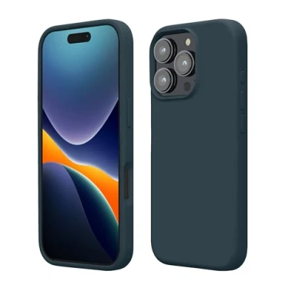 Abbildung von kwmobile Hülle kompatibel mit iPhone 16 Pro Silikon Handy Case Handyhülle weiche Oberfläche kabelloses Laden Dunkler Schiefer