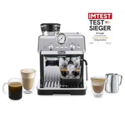 Abbildung von De&#039;Longhi La Specialista Arte EC9155.MB Siebträgermaschine, Espressomaschine mit Mahlwerk, 8 Mahlgrade, 15 Bar, 3 Temperaturen, Milchschaumdüse, 1300 W, 1,5 l Tank, Edelstahl/Schwarz inkl. Barista Kit