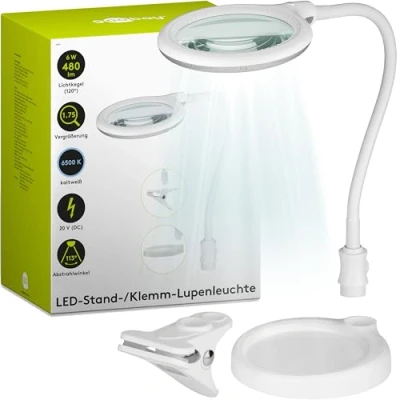 Abbildung von goobay 60359 LED Lupenleuchte Lupenlampe mit Standfuß Standlupe Licht 6 W Leistungsaufnahme Farbtemperatur 6200 K Lichtstrom 480 lm, Weiß