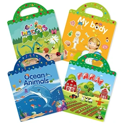 Abbildung von GUYUCOM 4 Pack Stickerbuch ab 2 3 5 6 Jahre Sticker Book Set Meerestiere Körperteil Insekt Bauernhof Spielzeug für Kinder Lerngeschenke Kinderspielzeug Weihnachten Geburtstag Geschenke