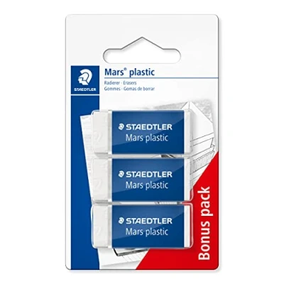 Abbildung von STAEDTLER Radierer Mars plastic, Phtalat und latexfrei, geringe Krümelbildung, weiß, premium Qualität, Abnutung, 2 Stück 1 gratis, 526 53 ABK3D