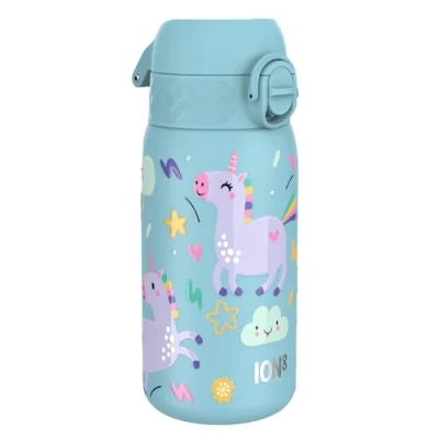 Abbildung von ION8 Kinder Trinkflasche, Edelstahl Leicht 400ml, Nicht Isoliert, Auslaufsicher, Einhandöffnung, Sichere Verriegelung, Spülmaschinenfest, Klappdeckel, zu Reinigen, Blau Einhorn