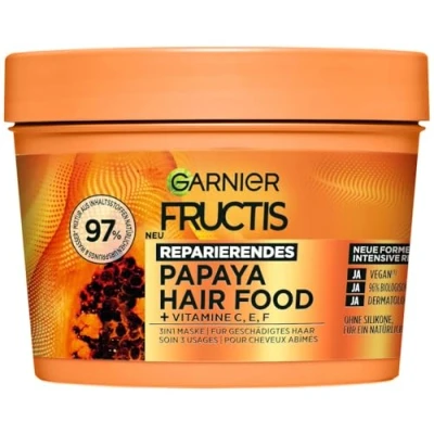 Abbildung von Garnier Fructis Papaya Haarmaske, Leave In für geschädigtes Haar und mehr Geschmeidigkeit, Reparierend Regenerierend, Vegane Formel, Ohne Silikone, Hair Food, 3in1, 400ml
