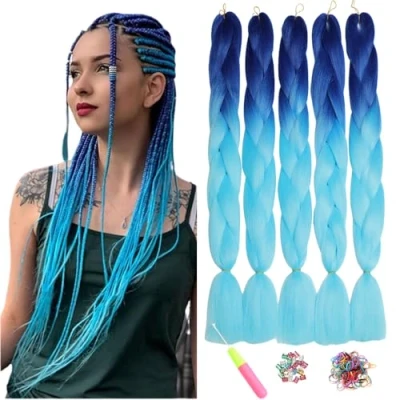 Abbildung von ShowJarlly Jumbo Braid Kunsthaar Haar, Ombre Extension, 24 Zoll Kanekalon Haar Flechten Extensions 5 Stücke Für Crochet Twist Box Zum Einflechten Zöpfe Königsblau/Himmelblau#