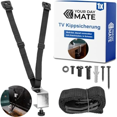 Abbildung von TV Kippsicherung zum Verschrauben, 1 Set, Schwarz, für Röhrenfernseher, Flachbildfernseher, einfach zu aktivieren deaktivieren, Kleinkinder, Haustiere, inkl. Schrauben, Kippschutz Television