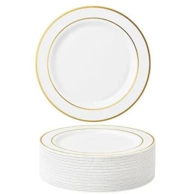 Abbildung von MATANA 25 Premium Weiße Plastikteller mit Goldrand, Mehrweg Kunststoffteller, 26cm Partyteller Gold für Hochzeiten, Geburtstage, Partys Elegantes &amp; Stabiles Partygeschirr