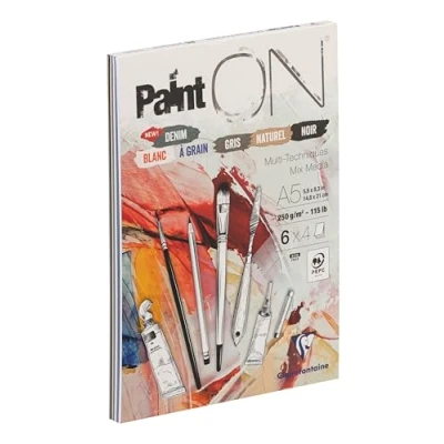 Abbildung von Clairefontaine 975409C Zeichenblock / Skizzenheft PaintON, DIN A5 14,8x21 cm, kopfseitig geleimt, 24 Blatt, 250g, 100% Zellulose, ideal für Mixmedia, feinkörnung, 6 farben sortiert x4, 1 Stück.