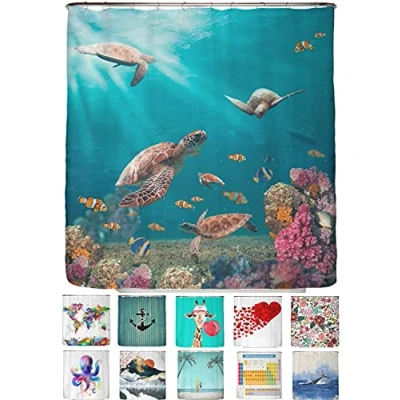 Abbildung von arteneur® Meeres Schildkröten Anti Schimmel Duschvorhang 180x200 Recycelt mit Öko Tex Standard 100 Beschwerter Saum, Blickdicht, Wasserdicht, Waschbar, 12 Ringe &amp; E Book