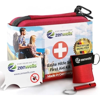 Abbildung von Kompaktes Erste Hilfe Set Outdoor Fahrrad, Wandern Zubehör Wasserdichtes First Aid Kit mit Beatmungsmaske, Zeckenkarte &amp; Signalpfeife nach DIN 13167 für Camping und Abenteuer