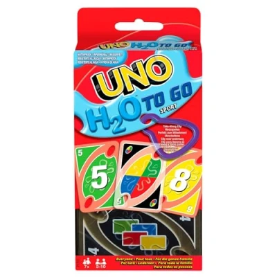 Abbildung von Mattel Games Uno H2O To Go, Kartenspiel für die Familie, wasserfest und zum Anhängen mit Karabinerhaken, Perfekt als Strand Spielzeug oder Reisespiel, 2 10 Spieler, ab 7 Jahren, P1703