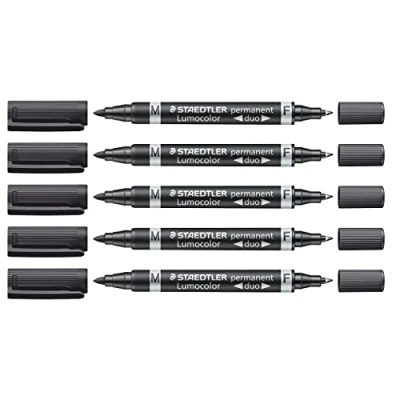 Abbildung von STAEDTLER Permanentmarker Lumocolor permanent duo, Marker mit feiner und medium Rundspitze, wisch wasserfest, schnelltrocknend, nachfüllbar, lange Lebensdauer, 5 schwarze Marker, 348 9X