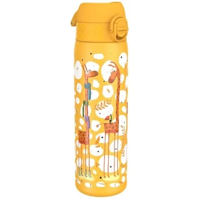 Abbildung von Ion8 Stahl Trinkflasche, 600 ml, Auslaufsicher, Einhandöffnung, Sichere Verriegelung, Spülmaschinenfest, Klappdeckel, Tragegriff, Leicht zu Reinigen, Langlebig, Giraffen Design