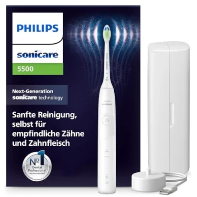 Abbildung von Philips Sonicare 5500 elektrische Zahnbürste, Schallzahnbürste mit 2 Putzmodi, Andruckkontrolle, EasyStart, SmarTimer und BrushPacer, Weiß, Modell HX7110/02