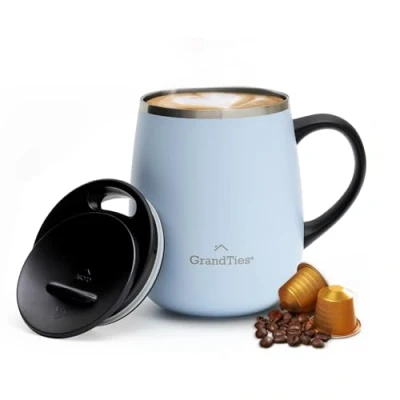 Abbildung von GRANDTIES Isolierter Kaffeebecher mit Griff Schiebedeckel für spritzwassergeschützte 473 ml Form Thermosbecher doppelwandigem Vakuum Edelstahl, hält Getränke heiß &amp; kalt Glacier Lake