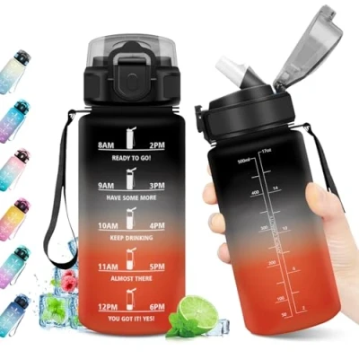 Abbildung von Sportflasche 500ml, Auslaufsicher, BPA frei, Trinkflasche mit Zeitmarkierung &amp; Strohhalm, Kohlensäure Geeignet, Motivierende Wasserflasche für Fitness, Schule, Fahrrad, Yoga, Camping,