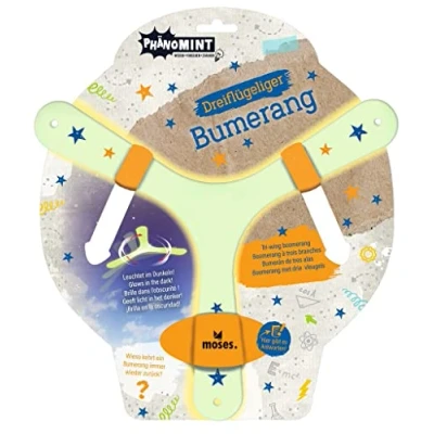 Abbildung von moses. 30320 PhänoMINT Bumerang, Wurfspiel für Kinder, Im Dunkeln leuchtender Boomerang, Dreiflügelig und mit spannenden Informationen, nachtleuchtend, 1 Stück (1er Pack)