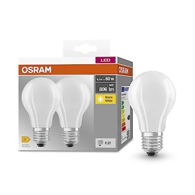 Abbildung von OSRAM BASE CLASSIC A GLFR 60 LED Lampe mit Sockel E27, Kolbenform, Doppelpack, 6,5W, 806lm, 2700K, warmweißes Licht, geringe Wärmeentwicklung, lange Lebensdauer, geringer Energieverbrauch