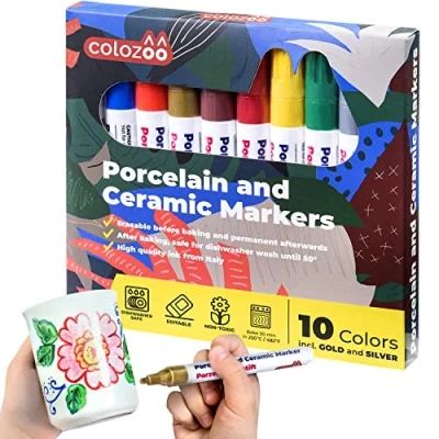 Abbildung von colozoo Porzellanstifte Spülmaschinenfest 10 leuchtende Keramikstifte Farben Glasmalstifte inklusive Schwarz, Gold &amp; Silber Ungiftige und Vegane