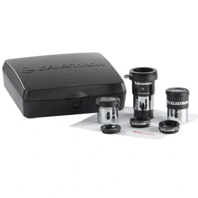 Abbildung von Celestron 94307 AstroMaster achtteiliges Okular und Filterzubehör Set mit Zwei 1,25 Zoll Okularen, zweifacher Barlow Linse, DREI Filtern, Reinigungstuch Hartschalen Etui, Schwarz