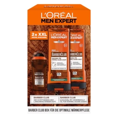 Abbildung von L&#039;Oréal Men Expert Pflegeset für Männer, Geschenkset mit XXL Duschgel und Deoroller, Geschenk Herren inklusive Bodywash Deo Roll On Zedernholzöl, Barber Club, 2 x 400 ml, 1 50 ml