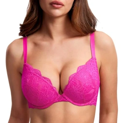 Abbildung von DOBREVA Damen Push Up BH Mit Spitze Gepolstert Plunge Bügel Vollschalen BHS Gemoldete Cups Glitzer Rosa 80A