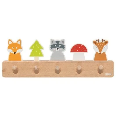 Abbildung von goki 60662 Garderobe Waldfreunde aus Holz, Kindergarderobe mit 5 Haken, Niedliche Waldmotive Fuchs, Waschbär, Reh, Hakenleiste für Kinderzimmer, Fördert Ordnung und Selbstständigkeit, ab 1 Jahr