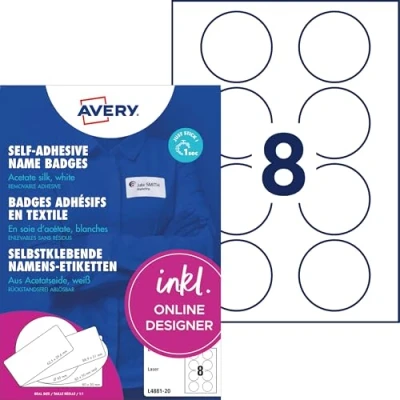 Abbildung von AVERY Zweckform L4881 20 Namensetiketten (160 Namensaufkleber rund, Ø65mm auf A4, selbstklebend, bedruckbare Textiletiketten aus Acetatseide für Laserdrucker, rückstandsfrei ablösbar) Blatt, weiß