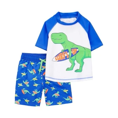 Abbildung von Simple Joys by Carter&#039;s Baby Jungen Swimsuit Trunk and Rashguard Rash Guard Set, Blau Weiß Dinosaurier, 4 Jahre