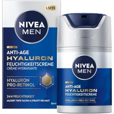 Abbildung von NIVEA MEN Anti Age Hyaluron Feuchtigkeitscreme, Gesichtspflege mit Hyaluron, Pro Retinol und LSF 15, Gesichtscreme für 24h Feuchtigkeit sichtbare Faltenmilderung (50 ml)