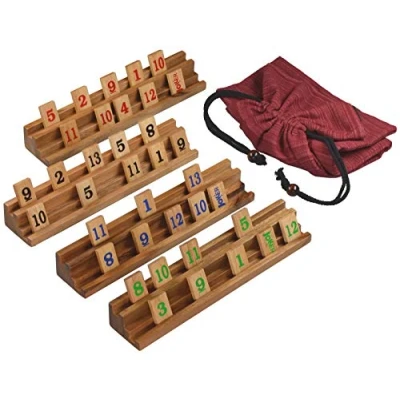 Abbildung von LOGOPLAY Rummy Gesellschaftsspiel Legespiel mit 108 Spielsteinen im Stoffbeutel Halterungen und Steine in edler Holzausführung