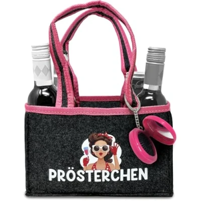 Abbildung von Longfair Witzige Frauenhandtasche inkl. Spiegel Tragetasche aus Filz für 6 Flaschen Dosen Sekt, Wein, Hugo JGA, Geburtstag