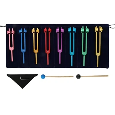 Abbildung von DRELD Chakra Stimmgabel Set. 7 und 1 Seelenzweck gewichtete Solfeggio set mit 2xSilikonhammer. 1xTasche. 1xReinigungstuch für Heilung Klangtherapie Vibration (Bunt. 8 STK)