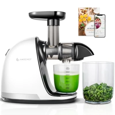 Abbildung von AMZCHEF Entsafter Gemüse und Obst Testsieger Slow Juicer mit Rückwärts Kau Funktion Zartes Zerkleinern ohne Filtern Saftpresse Elektrisch Bürste 2 Tassen Rein weiß