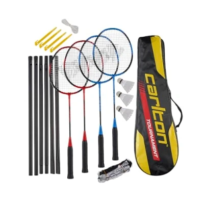 Abbildung von Carlton Tournament Badminton Schlägerset, 4 Spieler (4 Schläger, 3 Bälle, 1 Tasche, Netz &amp; Pfosten), Black/RED, Black/Blue