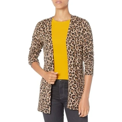 Abbildung von Amazon Essentials Damen Leichte Strickjacke ohne Knöpfe (in Übergröße erhältlich), Kamelbraun Leopardenmuster, L