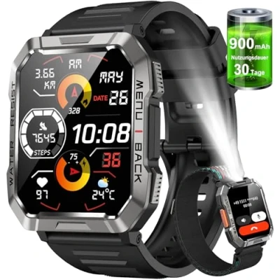 Abbildung von IOWODO Militär Smartwatch Herren,100 Tage Akku, LED Taschenlampe, Bluetooth Anrufe, Fitness Tracker,100+ Sportmodi, Herzfrequenz &amp;SPO₂ Monitor, IP68 Wasserdicht, Schlafüberwachung