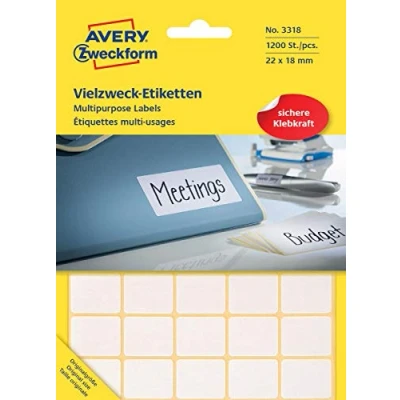 Abbildung von Avery Zweckform 3318 Haushaltsetiketten selbstklebend (22x18mm, 1.200 Aufkleber auf 30 Bogen, Vielzweck Etiketten für Haushalt, Schule und Büro zum Beschriften Kennzeichnen) blanko, weiß