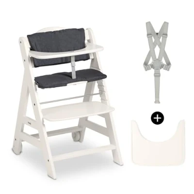 Abbildung von hauck Kinder Hochstuhl Beta+, Mitwachsender Holz Babystuhl (FSC zertifiziert), Kinderhochstuhl ab 6 Monate mit Sitzkissen, Essbrett und Schutzbügel, 5 Punkt Gurt Schrittgurt (White)