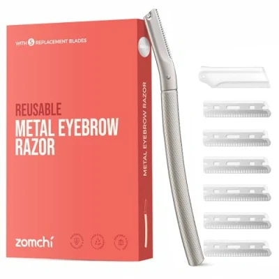 Abbildung von Augenbrauen Rasierer, Wiederverwendbare Gesichtsrasierer für Männer &amp; Frauen, Edelstahl Trimmer Shaper mit Präzisionsabdeckung, Dermaplaning Tool, 6 Klingen (Silber)