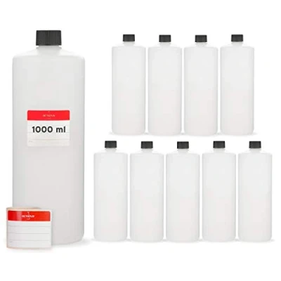 Abbildung von 10 x 1000 ml Kunststoffflaschen, 1 Liter Plastikflaschen aus HDPE , Rundflaschen mit schwarzen Schraubverschlüssen bzw. Deckeln, Leerflaschen Gewindegröße 25 mm, inkl. Beschriftungsetiketten