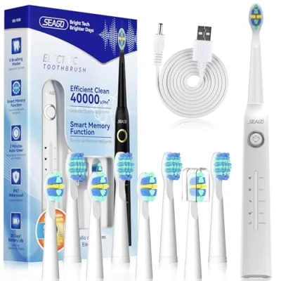 Abbildung von Seago Elektrische Zahnbürste, Schallzahnbürste mit 40000VPM weißen Ihre Zähne in zwei Wochen, USB wiederaufladbar, persönlichen 5 Modi und 8 Köpfen, Schallzahnbürste, SG 958(Weiß)