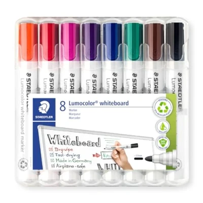 Abbildung von STAEDTLER Whiteboard Marker Lumocolor, trocken und rückstandsfrei abwischbar von Whiteboards, ca. 2 mm Linienbreite, hohe Qualität, Rundspitze, Set mit 8 Farben, 351 WP8