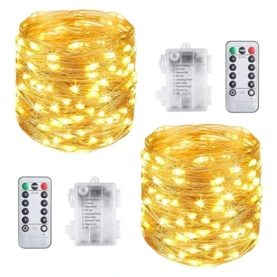 Abbildung von Vicloon LED Lichterkette Kupferdraht, 2 Stücke 10m 100 Batterie mit Fernbedienung, Stimmungslichter Warmweiß Wasserdicht für Garten, Wohnungen, Weihnachtsfeier Deko…