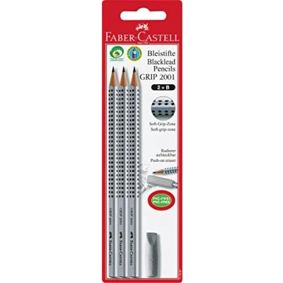 Abbildung von FABER CASTELL 117097 Bleistift GRIP 2001, Härtegrad B, 3er Packung mit einem Radierer
