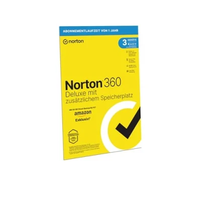Abbildung von Norton 360 Deluxe mit extragroßer Backup Kapazität Amazon Exklusiv* 25GB zusätzlicher Cloud Speicher. Antivirus Software für 3 Geräte und einem Jahr Laufzeit