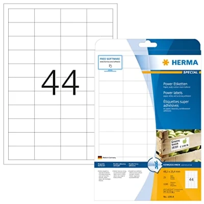 Abbildung von HERMA 10914 Power Etiketten, 25 Blatt, 48,3 x 25,4 mm, 44 pro A4 Bogen, 1100 Stück, selbstklebend, bedruckbar, extrem stark haftend, blanko Papier Klebeetiketten Aufkleber, weiß